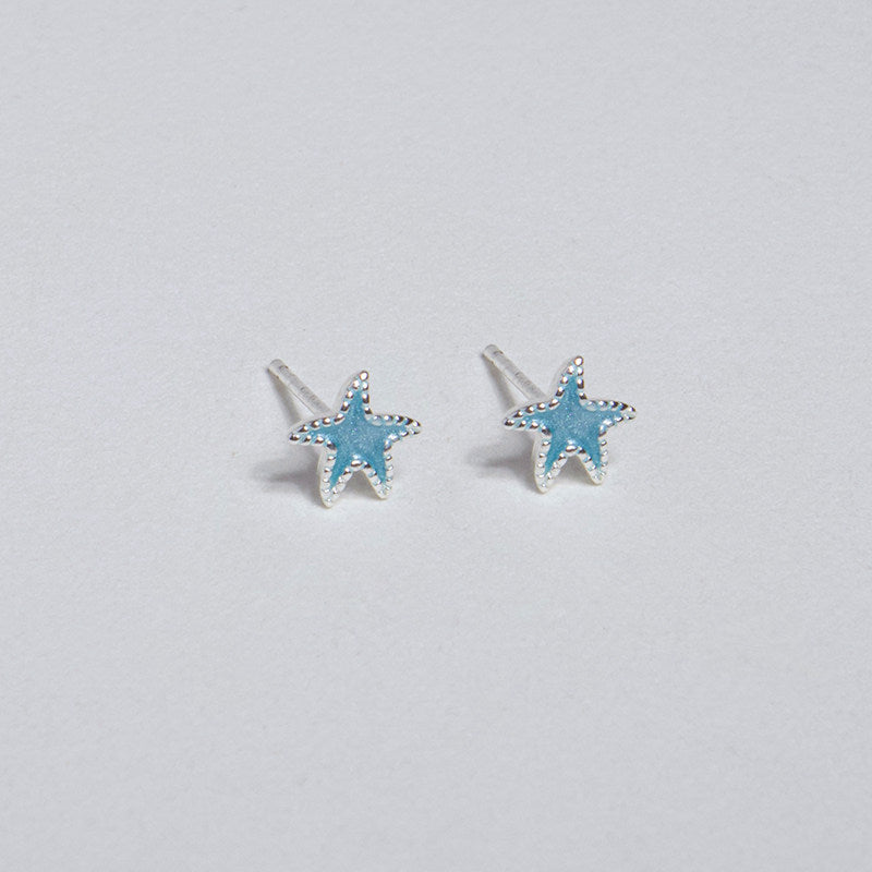 Mini Starfish Baby Blue Light Blue Silver Bead Edge Niche Earrings
