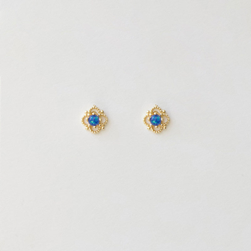 CnHnOn Fat Shop Ultra Mini Blue Stone Hollow Lace Flower 14k Gold Beaded Edge French Earrings