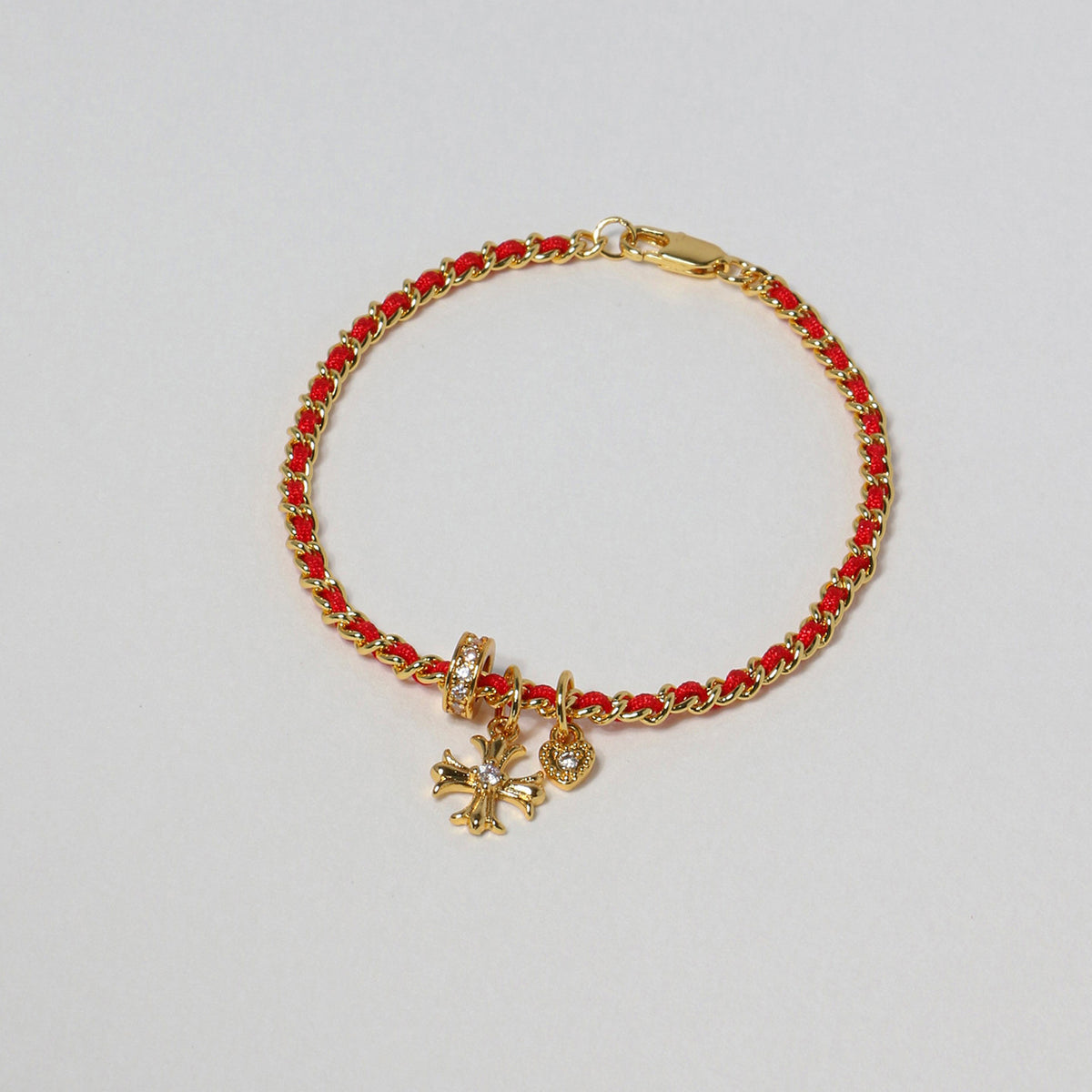 Red and Black Rope Metal Chain Cross Flower Heart Rhinestone Lucky Bracelet
