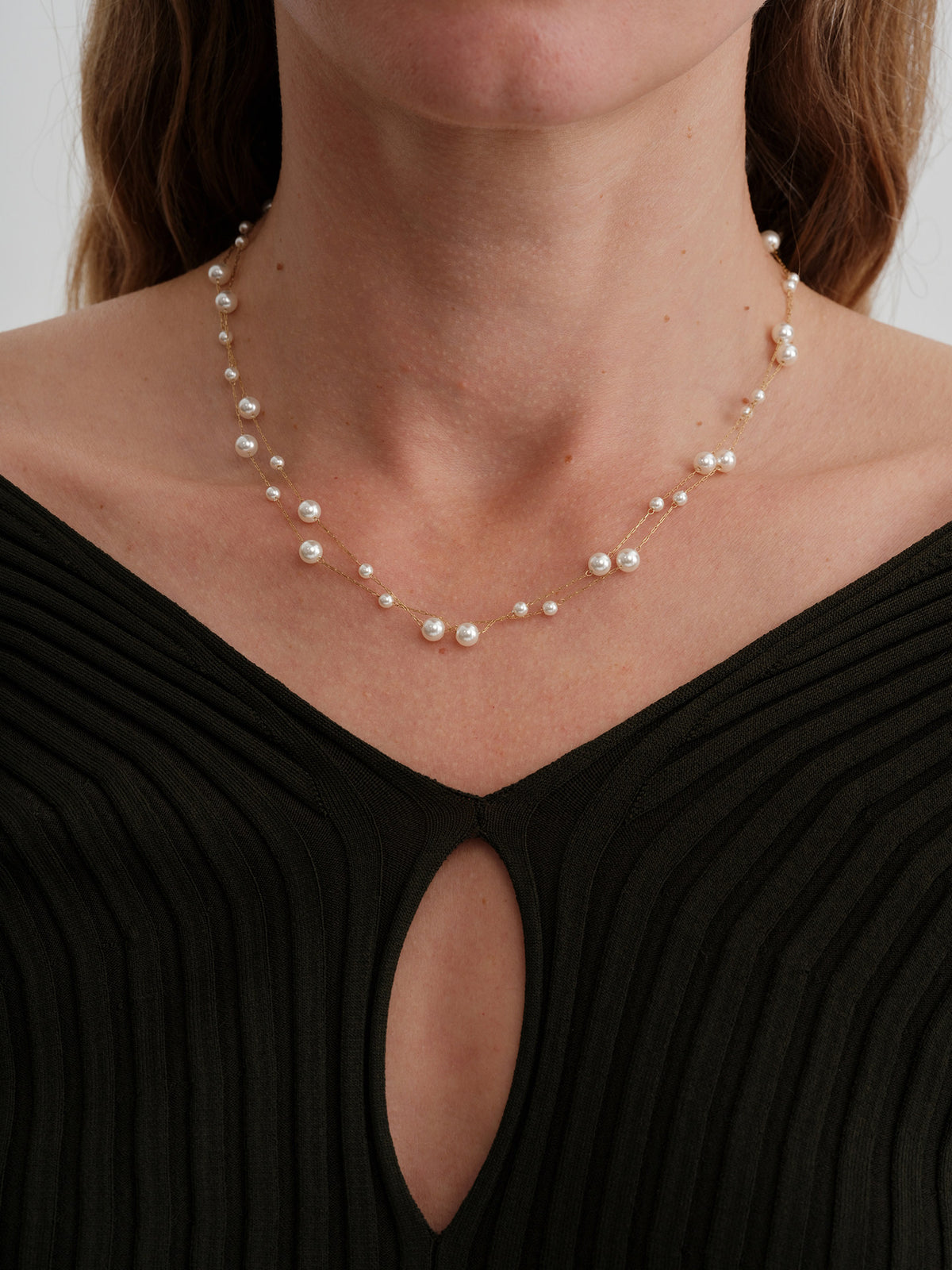 Fine Gold Chain Beaded Scattered Pearl Floating Hollow Chain Multi-Layer Layered Necklace