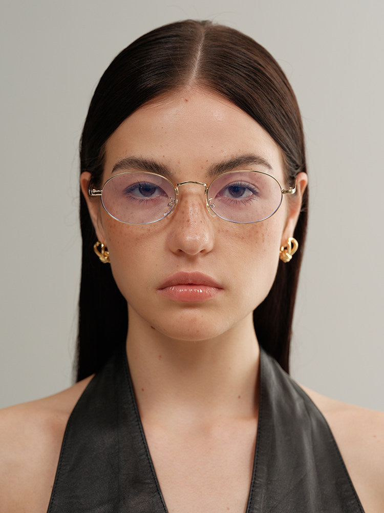 Sexy Nerd Girl Metal Frame Thin Oval Flat Glasses - Y2K Style