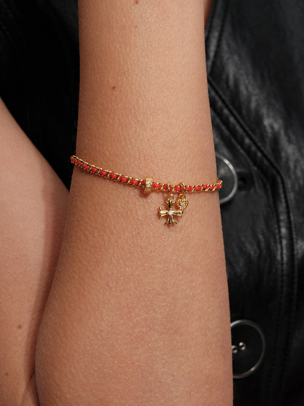 Red and Black Rope Metal Chain Cross Flower Heart Rhinestone Lucky Bracelet