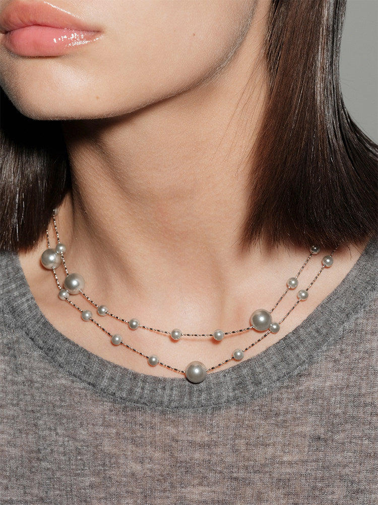CnHnOn Fat Shop Starry Sky Bare Chain, Mauve Gray Pearl Gradient Layered Long Necklace, Sweater Chain