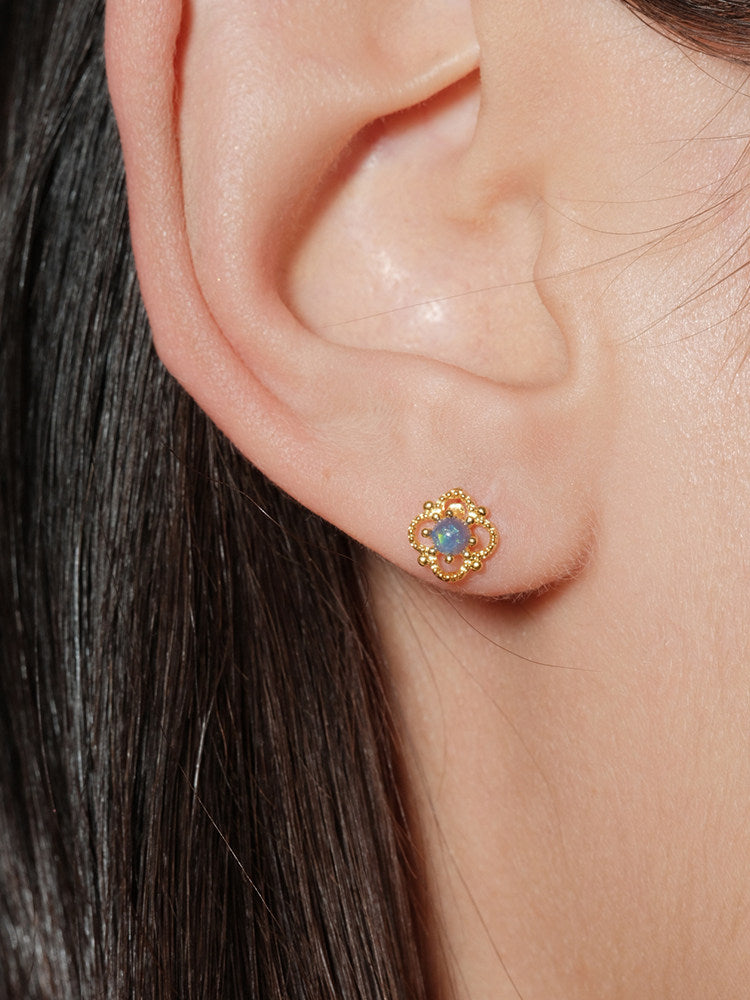 CnHnOn Fat Shop Ultra Mini Blue Stone Hollow Lace Flower 14k Gold Beaded Edge French Earrings