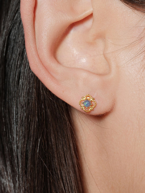 CnHnOn Fat Shop Ultra Mini Blue Stone Hollow Lace Flower 14k Gold Beaded Edge French Earrings