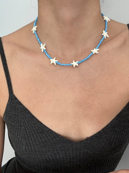 Beach Vacation Starfish Blue Beaded Shell Starfish Necklace