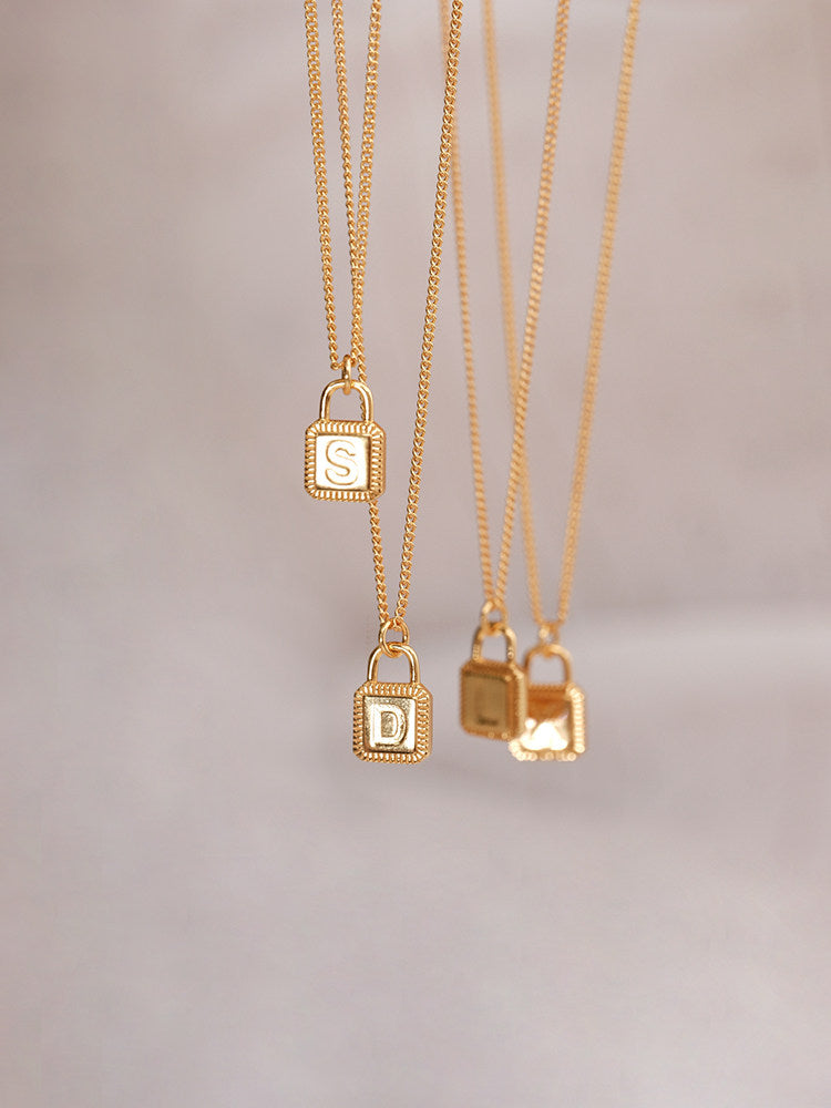 Solid 925 Sterling Silver Square Padlock Pendant with Custom Letter, 18K Gold-Plated Necklace