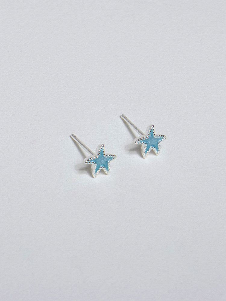 Mini Starfish Baby Blue Light Blue Silver Bead Edge Niche Earrings