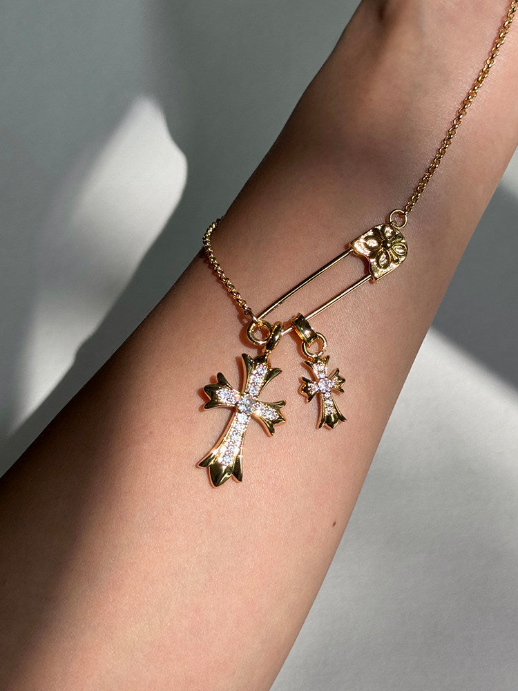 High Color Retention Fashionable Cross Rhinestone Brooch Double Pendant Necklace