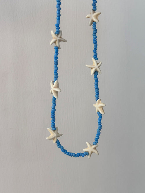 Beach Vacation Starfish Blue Beaded Shell Starfish Necklace