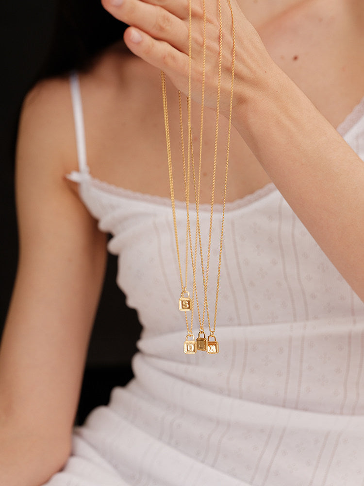 Solid 925 Sterling Silver Square Padlock Pendant with Custom Letter, 18K Gold-Plated Necklace