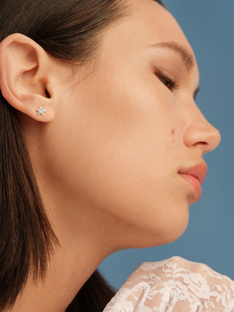 Mini Starfish Baby Blue Light Blue Silver Bead Edge Niche Earrings