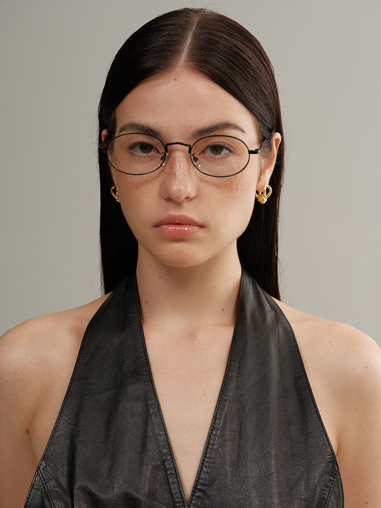 Sexy Nerd Girl Metal Frame Thin Oval Flat Glasses - Y2K Style