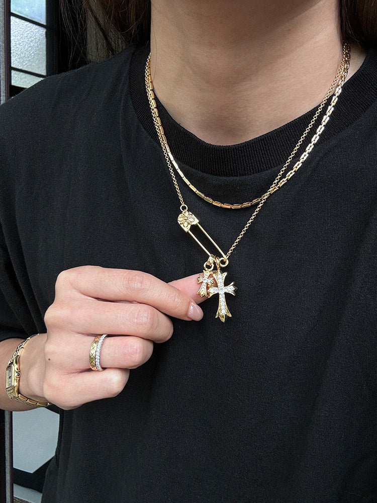 High Color Retention Fashionable Cross Rhinestone Brooch Double Pendant Necklace