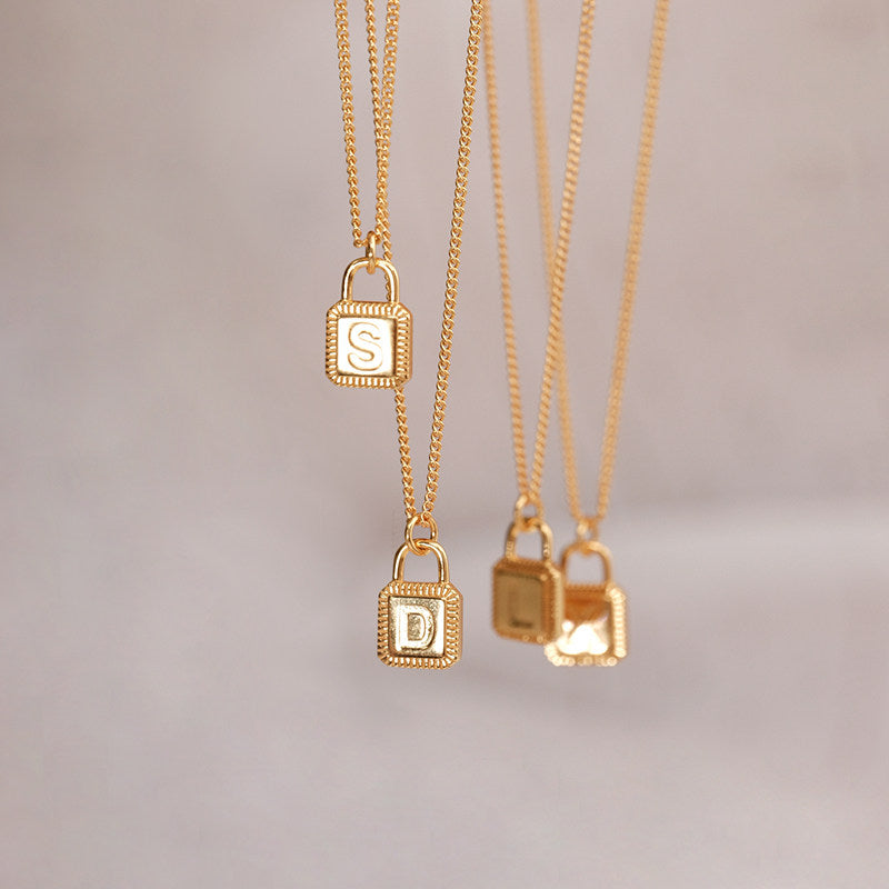 Solid 925 Sterling Silver Square Padlock Pendant with Custom Letter, 18K Gold-Plated Necklace