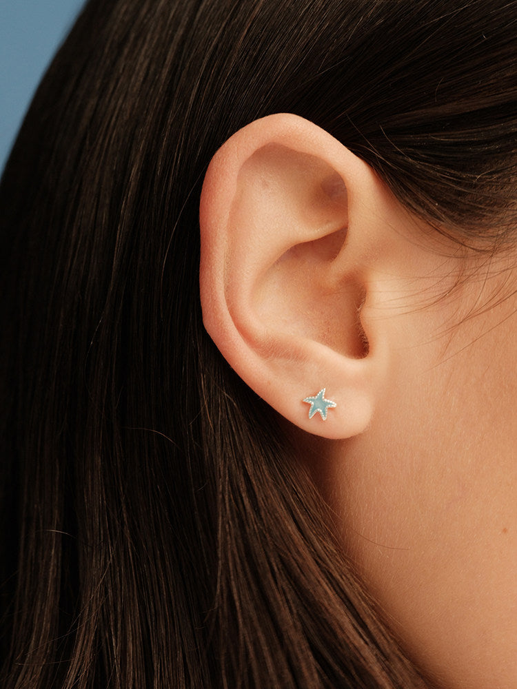 Mini Starfish Baby Blue Light Blue Silver Bead Edge Niche Earrings