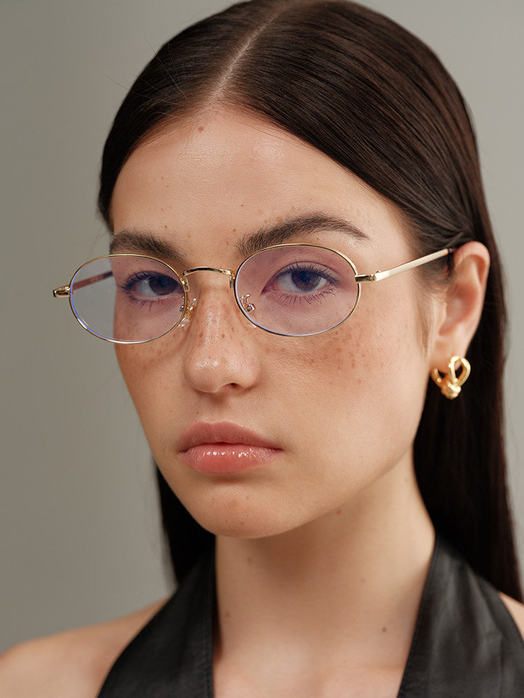 Sexy Nerd Girl Metal Frame Thin Oval Flat Glasses - Y2K Style