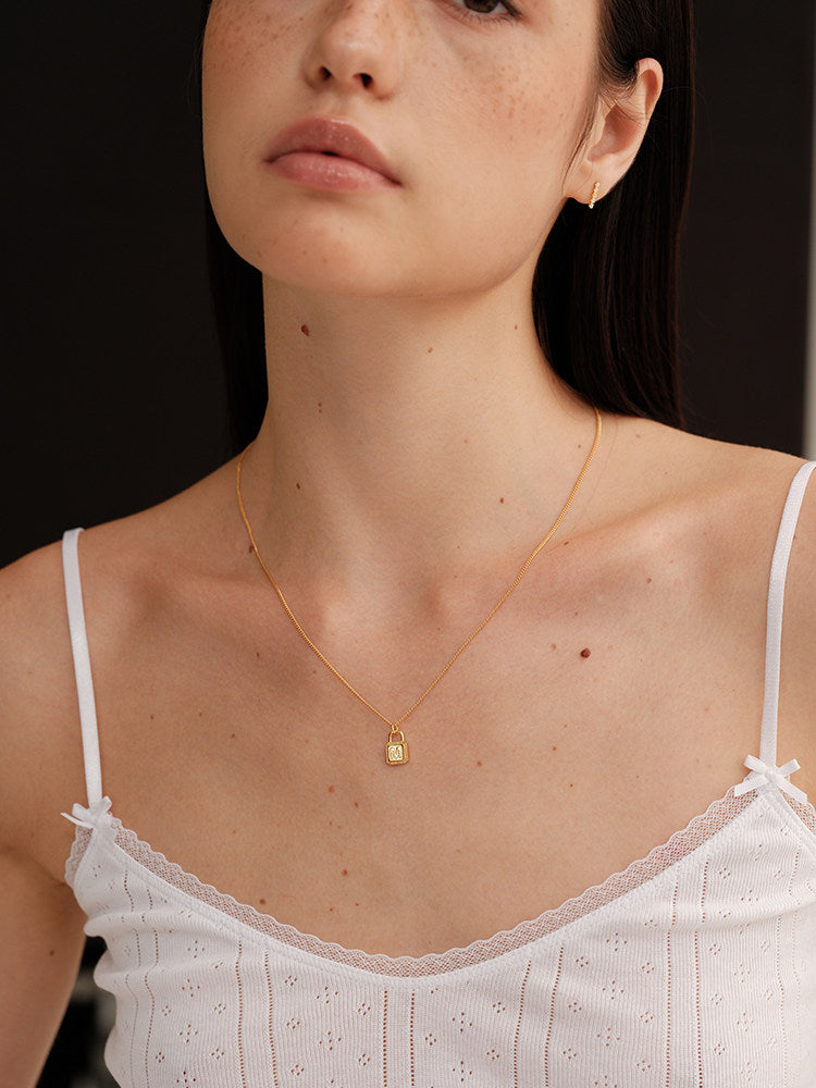 Solid 925 Sterling Silver Square Padlock Pendant with Custom Letter, 18K Gold-Plated Necklace