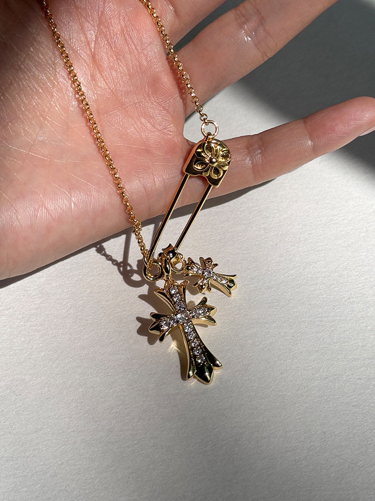 High Color Retention Fashionable Cross Rhinestone Brooch Double Pendant Necklace