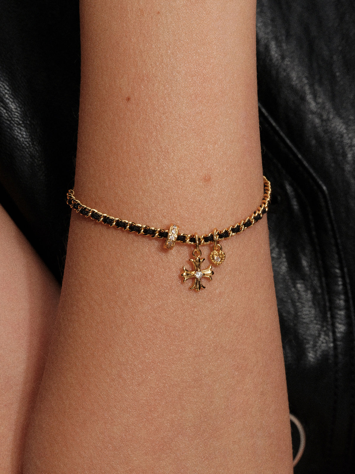 Red and Black Rope Metal Chain Cross Flower Heart Rhinestone Lucky Bracelet