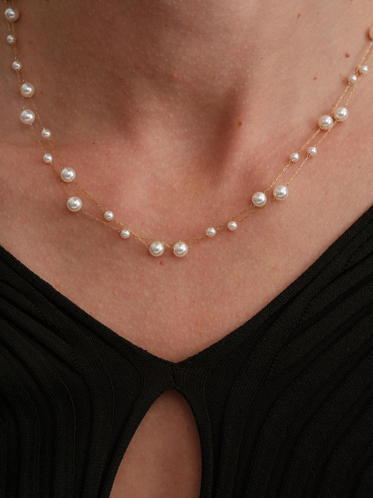 Fine Gold Chain Beaded Scattered Pearl Floating Hollow Chain Multi-Layer Layered Necklace