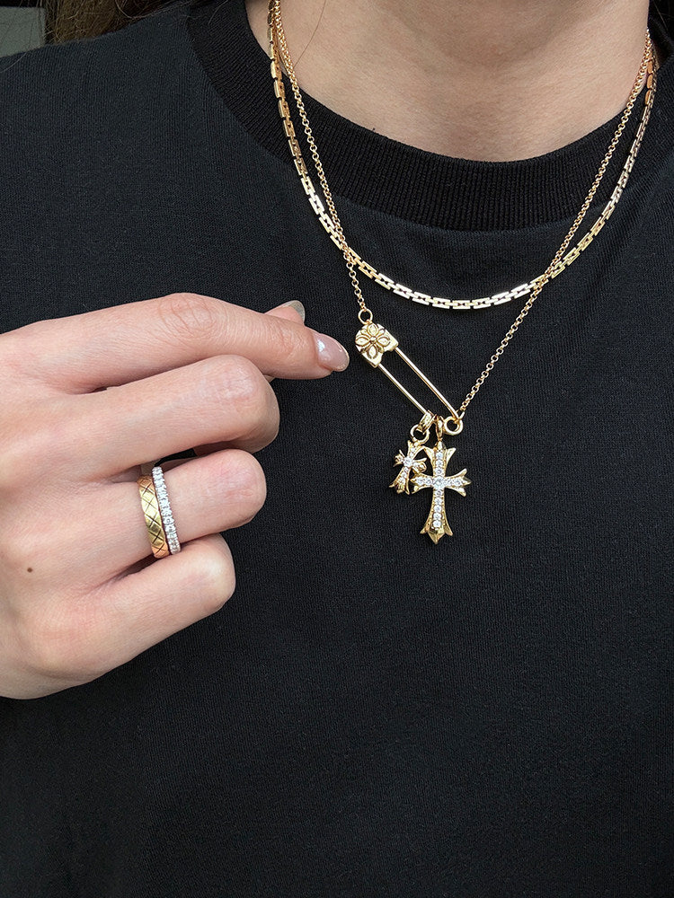 High Color Retention Fashionable Cross Rhinestone Brooch Double Pendant Necklace