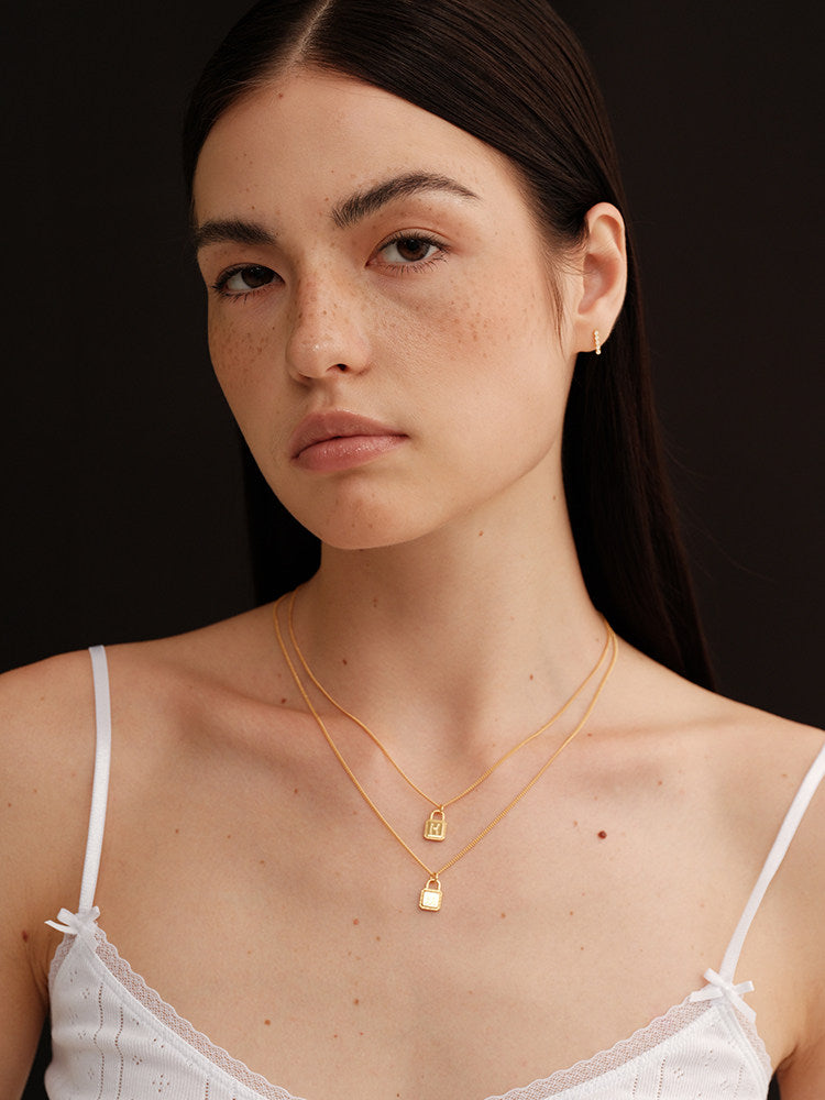 Solid 925 Sterling Silver Square Padlock Pendant with Custom Letter, 18K Gold-Plated Necklace