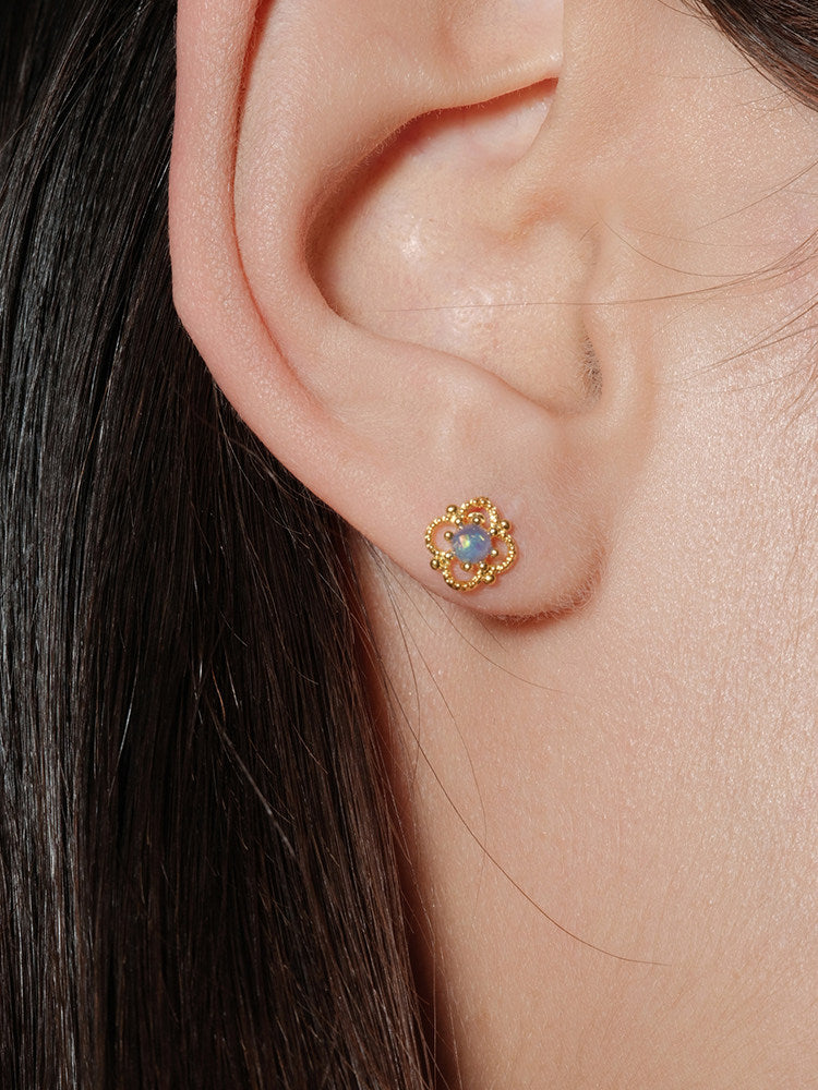 CnHnOn Fat Shop Ultra Mini Blue Stone Hollow Lace Flower 14k Gold Beaded Edge French Earrings