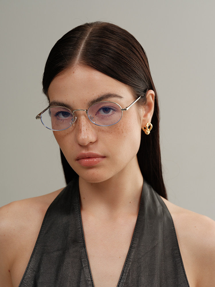 Sexy Nerd Girl Metal Frame Thin Oval Flat Glasses - Y2K Style