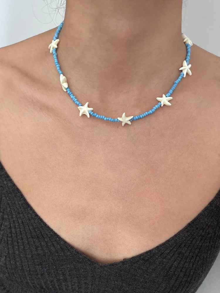 Beach Vacation Starfish Blue Beaded Shell Starfish Necklace