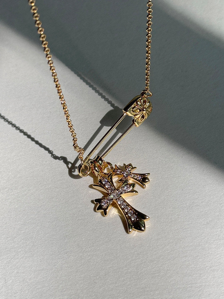 High Color Retention Fashionable Cross Rhinestone Brooch Double Pendant Necklace