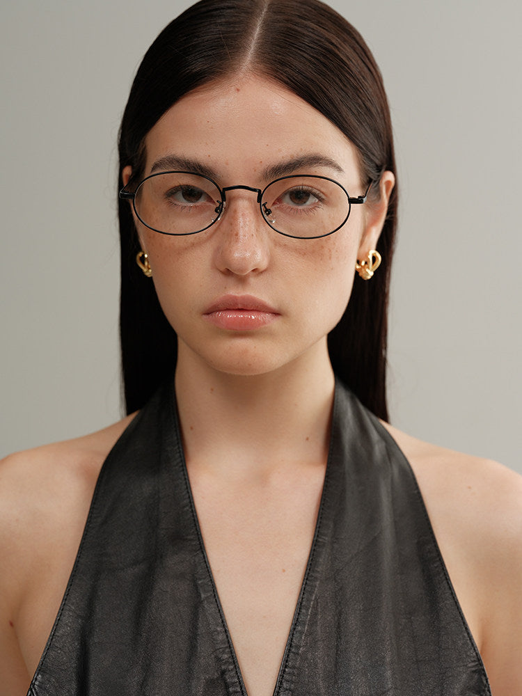 Sexy Nerd Girl Metal Frame Thin Oval Flat Glasses - Y2K Style
