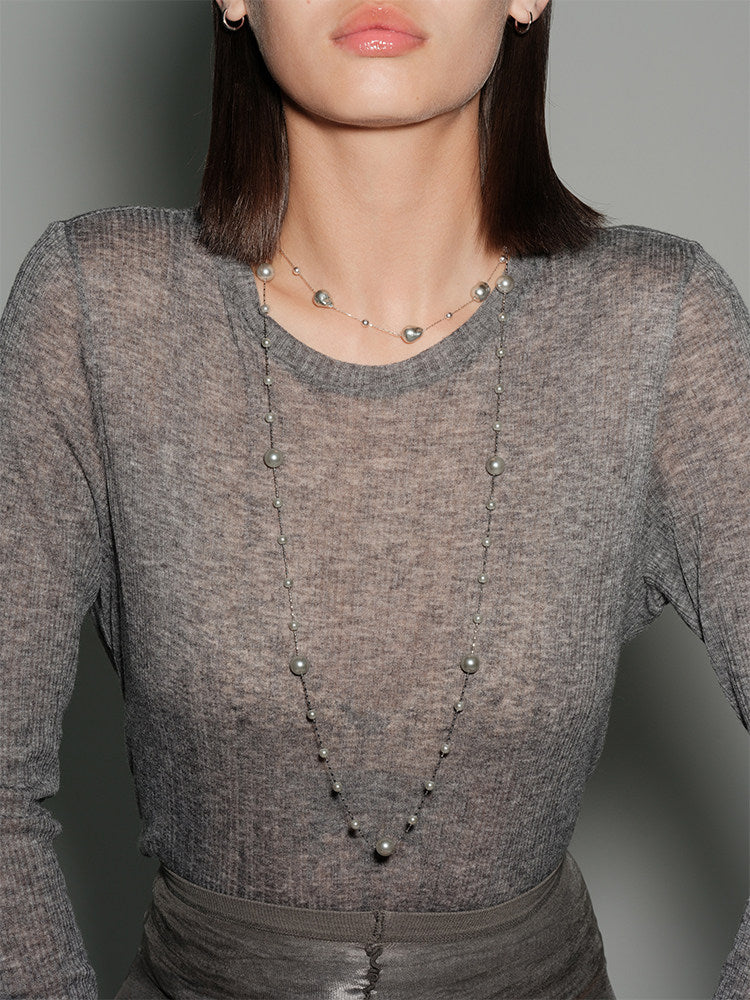CnHnOn Fat Shop Starry Sky Bare Chain, Mauve Gray Pearl Gradient Layered Long Necklace, Sweater Chain