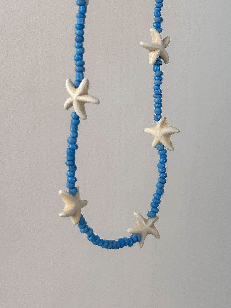 Beach Vacation Starfish Blue Beaded Shell Starfish Necklace
