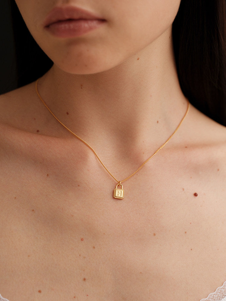 Solid 925 Sterling Silver Square Padlock Pendant with Custom Letter, 18K Gold-Plated Necklace